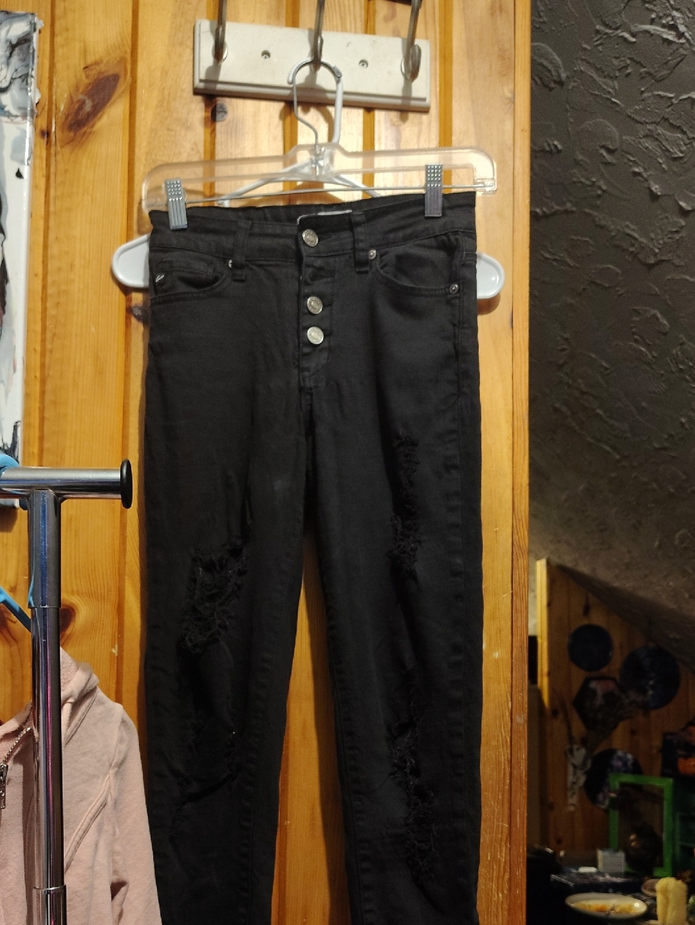 KanCan Black High Rise Distressed Button-Fly Jeans
